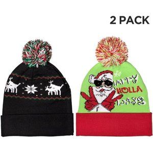Windy City Novelties (2 Pack LED Light-up Festive Knitted Holiday Xmas Beanie Ha